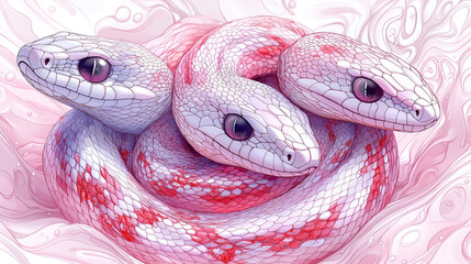 Fototapeta premium Three pastel pink and white snakes intertwined, set against a swirling pink and white background