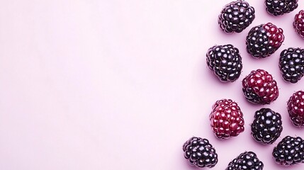 blackberries on the bottom edge of a pale lilac background, top-down clean composition, fresh dark fruits on light background, minimal stock style