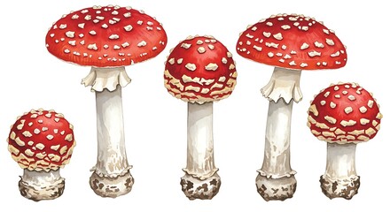 Enchanted Forest: A Watercolor Study of Scarlet Mushrooms