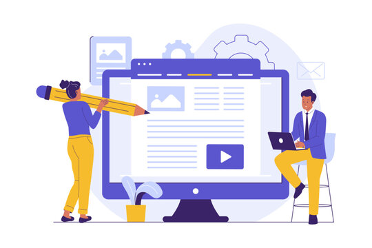 Illustration of Website Content Creation and Digital Publishing Process. Illustrations for websites, landing pages, mobile apps, posters and banners