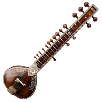 Ornate indian sitar musical instrument detailed close up view on transparent background