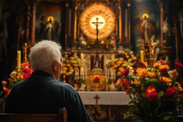 Naklejka premium Older Person Praying in Church Warm Lighting, Autumn Flowers, Religious Imagery