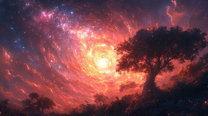 Fototapeta premium Surreal cosmic bloom radiating energy over a mysterious extraterrestrial forest 