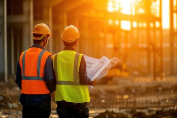 Two construction workers in hard hats and safety vests, standing in front of a construction site with a sunset in the background.