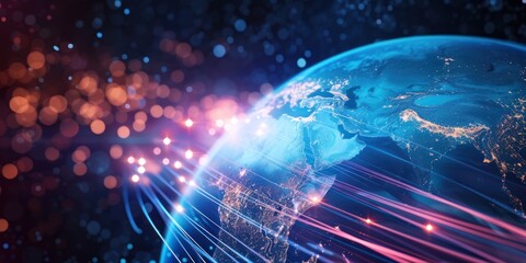 A globe with a blue and purple light trail around it, set against a dark background.