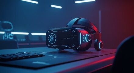 Naklejka premium Virtual Reality Headset on Desk with Neon Lighting