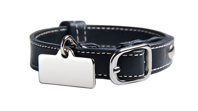 A close up of a black leather dog collar with a silver buckle and tag on a black background studio shot