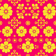Traditional Chinese floral fabric with gold motifs on fuchsia background.