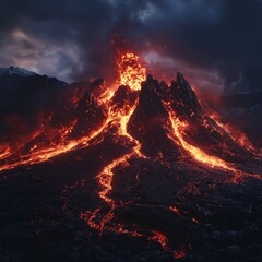 Volcano Eruption with Flowing Lava and Dramatic Sky at Nighttime - Capturing the Power of Nature, Geothermal Activity, and Atmospheric Conditions in a Rugged Terrain