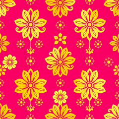 Obraz premium Traditional Chinese floral fabric with gold motifs on fuchsia background.