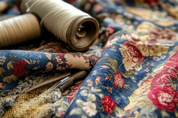 Fototapeta premium high definition visual of high angle of sewing set with fabric and thread