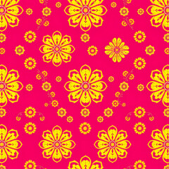 Traditional Chinese floral fabric with gold motifs on fuchsia background.