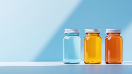 Three glass jars with colored liquids-blue, yellow, and orange-stand in a row against a light blue background.