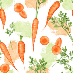 Seamless pattern with hand-painted vibrant carrots. Ideal for fabric prints, kitchenware and packaging