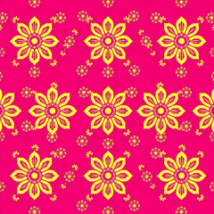 Traditional Chinese floral fabric with gold motifs on fuchsia background.