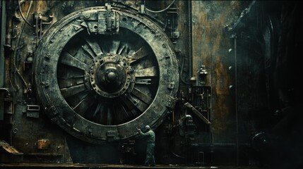 Fototapeta premium Industrial machinery in a dark, rusty workshop