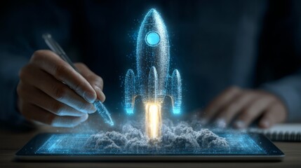 Digital startup launch concept with rocket hologram and tablet usage