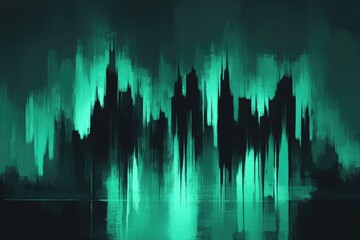 Ethereal teal city skyline reflected in still water