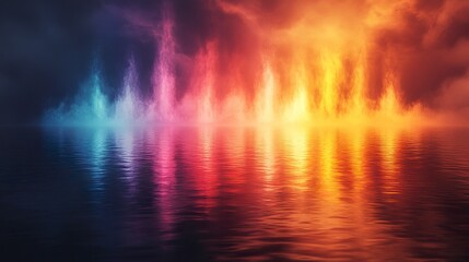 Surreal rainbow mist rising from a reflective surface in vibrant atmospheric lighting  