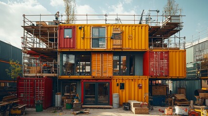 Sustainable tiny homes built from shipping containers under construction scaffolding  