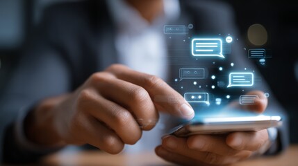 Man using smartphone with message icons for business communication