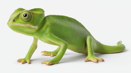 Obraz premium Vibrant green lizard on white, a detailed closeup of reptile in studio setting