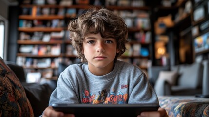 Boy with curly hair holding tablet in cozy library setting