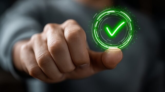 Man's finger touches a virtual green check mark with glowing circles