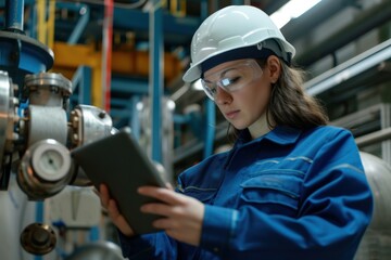 A female engineer wearing a white hard hat and blue safety jacket, standing in a factory setting, using a tablet to inspect machinery.