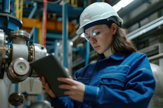 A female engineer wearing a white hard hat and blue safety jacket, standing in a factory setting, using a tablet to inspect machinery.