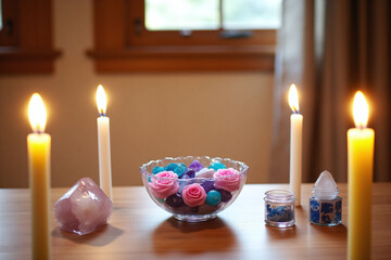 table topped with lots of different colored stones and candles
