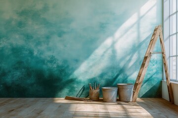 Sunlit Teal and Green Ombre Wall Interior Room with Ladder and Paint Supplies