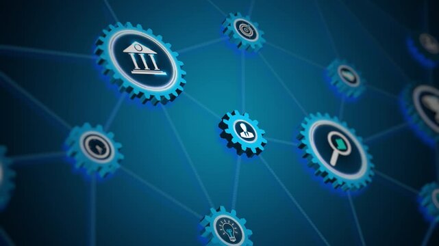 Business and technology icons connected through gears representing corporate network collaboration. Looping video and alpha channel for transparent background.