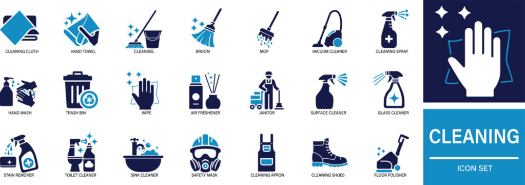 leaning Icon Set cleaning, hygiene, mop, spray bottle, detergent, housekeeping, sanitation, gloves, disinfect, home care.