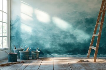 Teal Ombre Wall with Paint Supplies and Ladder in Sunlit Room