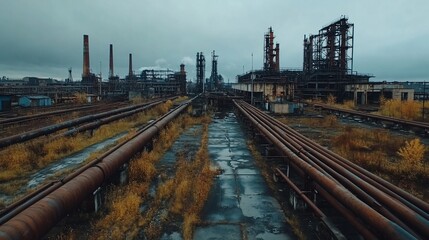 Fototapeta premium Gloomy Industrial Landscape: A View of a Vast, Overgrown Factory Complex