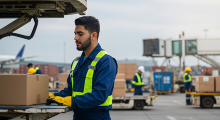 Airport Cargo Handler Loading and Unloading Packages at the Air Freight Terminal