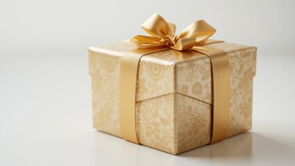 Obraz premium Beautifully Wrapped Gold Gift Box with Elegant Ribbon on a Clean White Surface