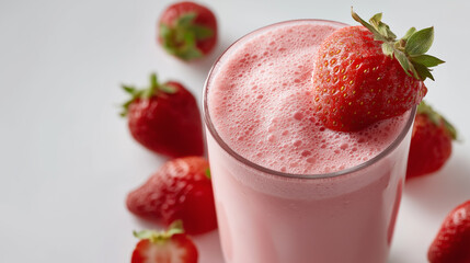 Close up photo of glass of fresh strawberry smoothie garnished with strawberry fruit on white background
