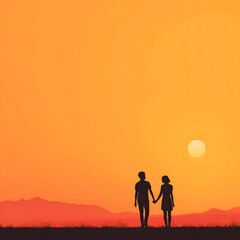 Fototapeta premium Silhouetted couple holding hands, strolling in a sunset landscape with mountain backdrop and orange sky.