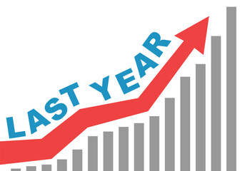 blue arrow with bars graph and last year text