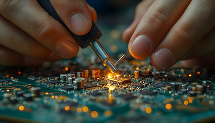 Hands Soldering Circuit Board With Precision Tools In A Dark Ambient Close Up For Electronics Repair And Manufacturing