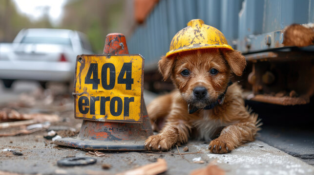 A cute, muddy puppy wearing a hard hat rests beside a 404 error sign near construction