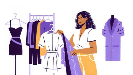 Woman shopping for clothes fashion style wardrobe outfit clothing boutique , hand drawing.