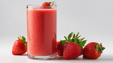 Isolated glass of fresh strawberry smoothie garnished with strawberry fruit on white background