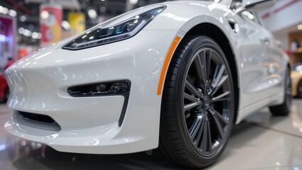 Close-Up Perspective of a Modern Luxury White Automobile with Stylish Wheel in Showroom