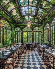Sunlit conservatory with painted ceiling, checkered floor, and lush greenery