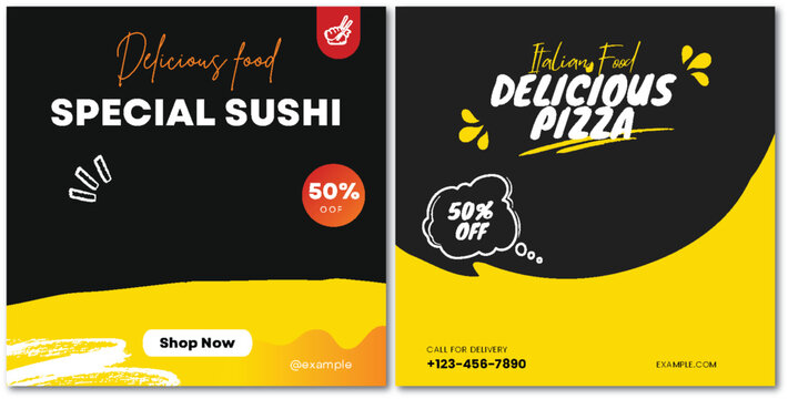Irresistible Food Promotions: Sushi and Pizza on Vibrant Yellow Background