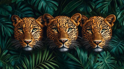 Three leopard heads peek through tropical foliage