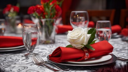 Elegantly set table with red accents, white rose, and glassware for a special occasion meal.